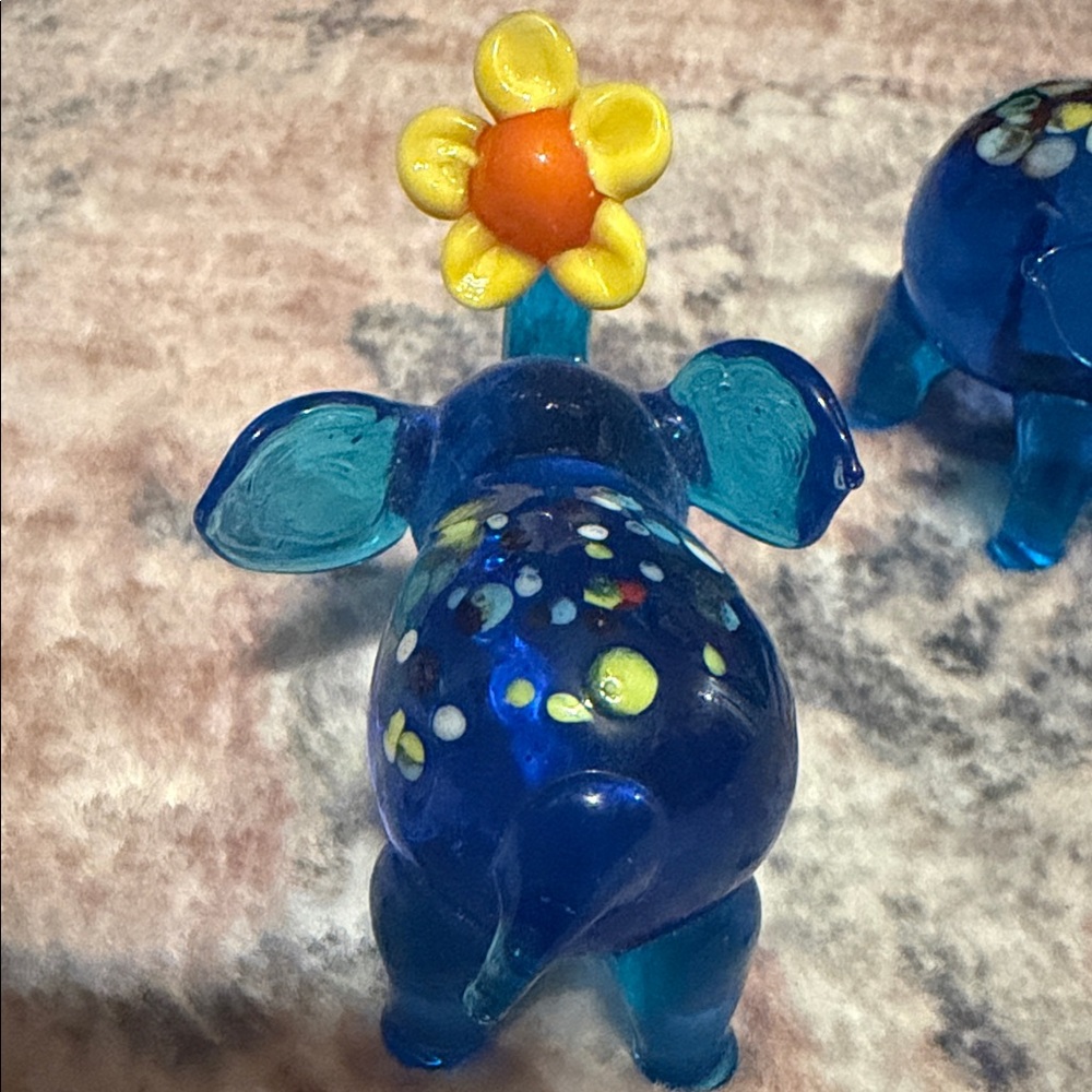 Blue Glass Elephant Figurines with Floral Accents - Picture 4 of 14